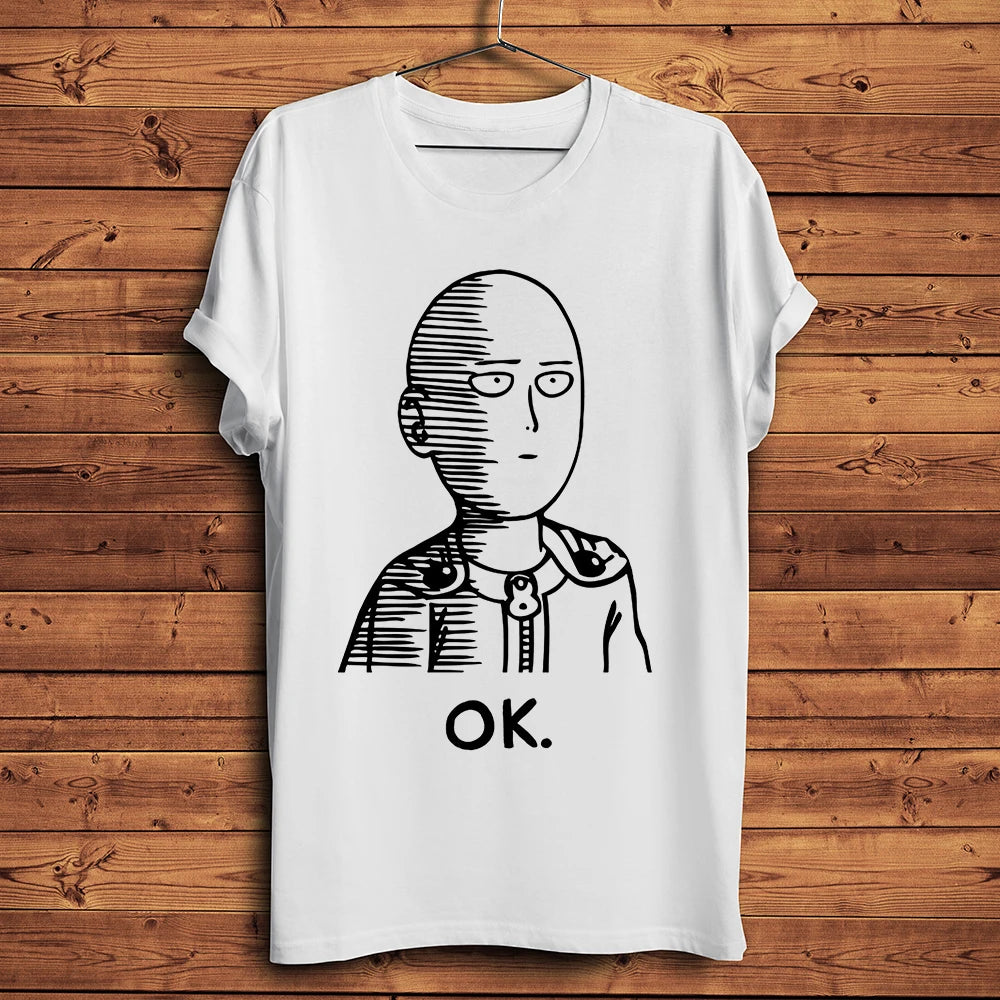 One Punch Hero, Saitama, OK MAN, Funny Anime Tshirt, Men White Casual Short Sleeve T-Shirt, Unisex Streetwear, Manga Tee