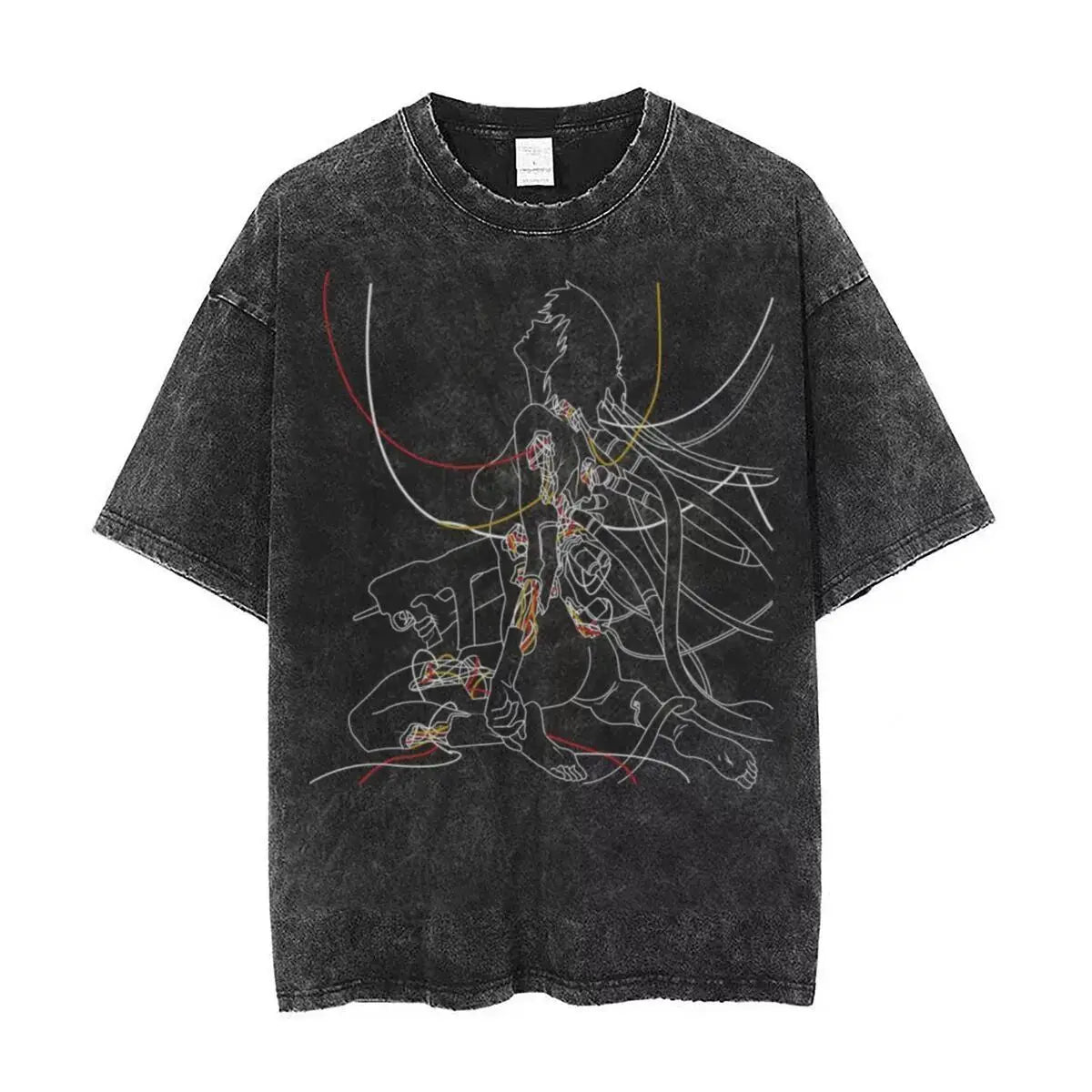Anime Ghost in The Shell Kusanagi Motoko Print Tee Men Vintage Washed T-shirts Manga Casual T Shirt Harajuku Male Cotton Tshirt