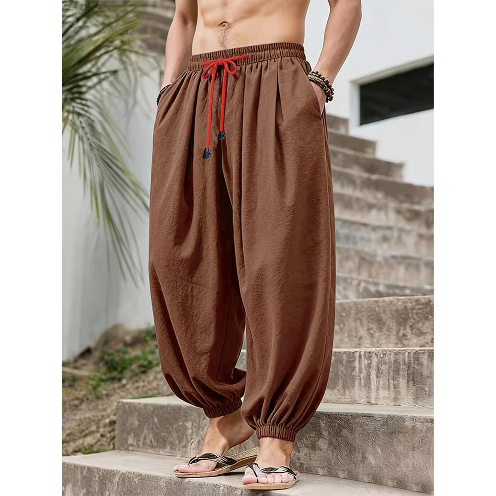 Men's Wide Leg Pants Loose Fit Casual Breathable Lightwight Solid Color Elastic Waist Trousers Cotton Linen Male Long Pants