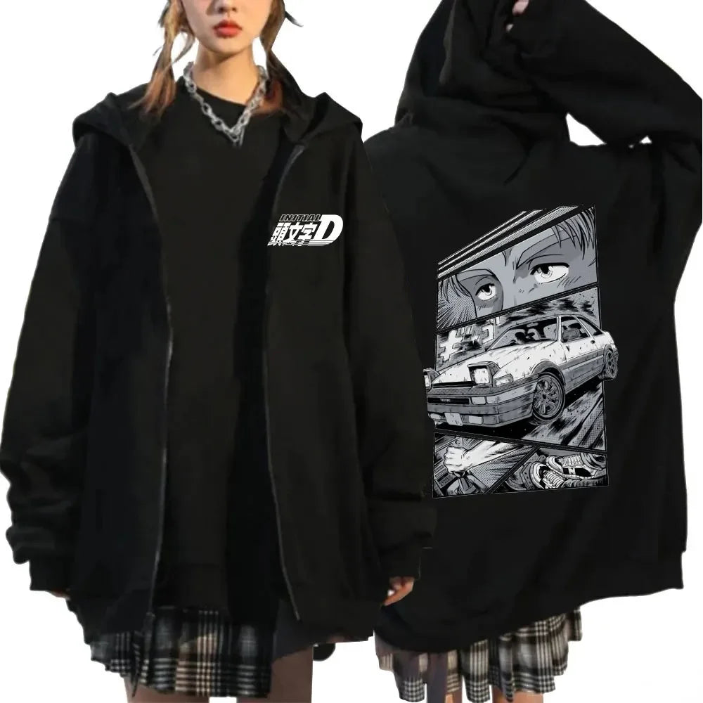 Anime Initial D Drift AE86 Zipper Hoodie Casual Vintage Zip Up Hooded Sweatshirts JDM Car Oversized Hoodies Cardigan Jacket Coat