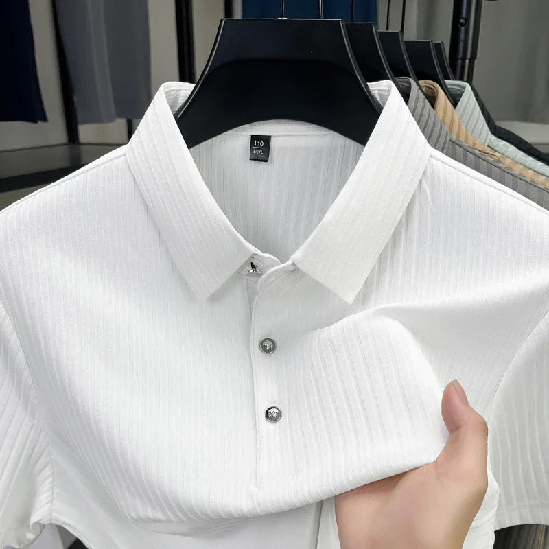 2026 New Men's Casual Fashion Striped Short Sleeved Collar Polo Shirt Breathable and Comfortable Summer Versatile T-shirt