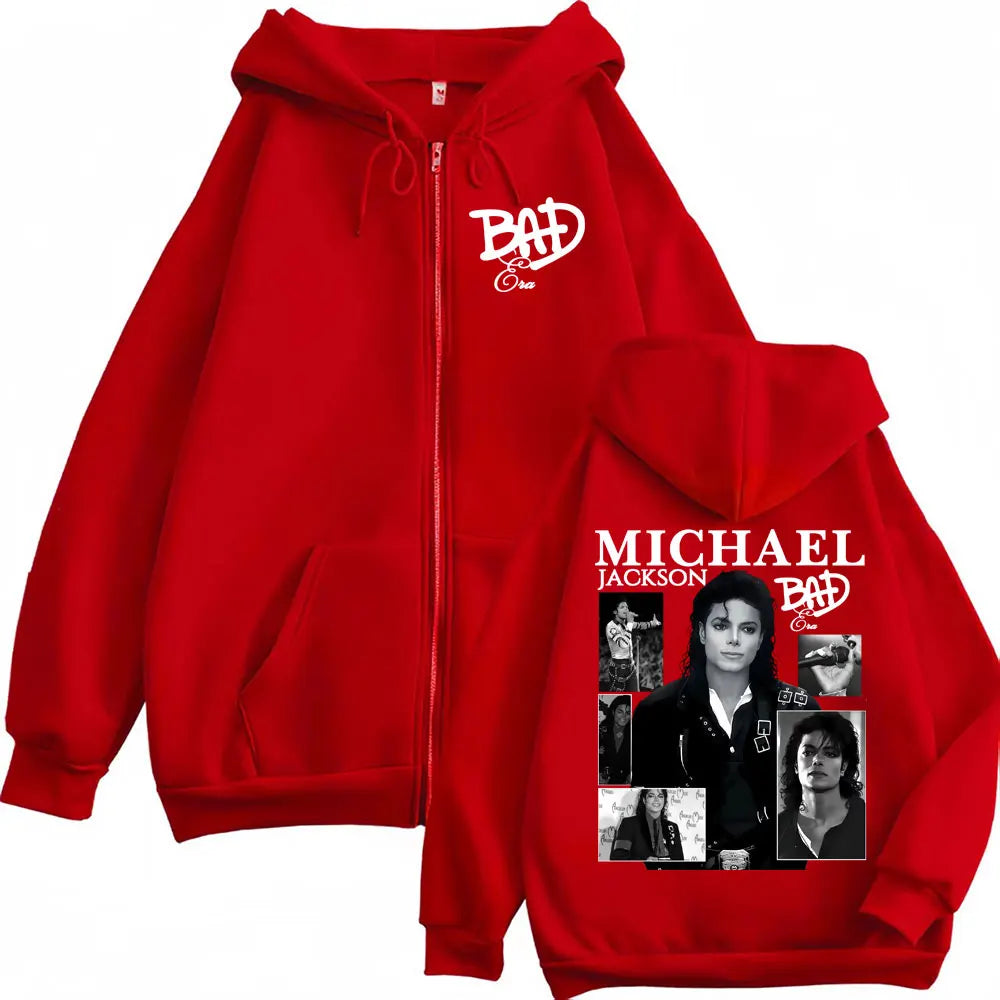 King of Pop Michael Jackson Bad Era Zipper Hoodie Men Women Harajuku Streetwear Jacket Sweatshirt Fleece Casual Zip Up Pullovers