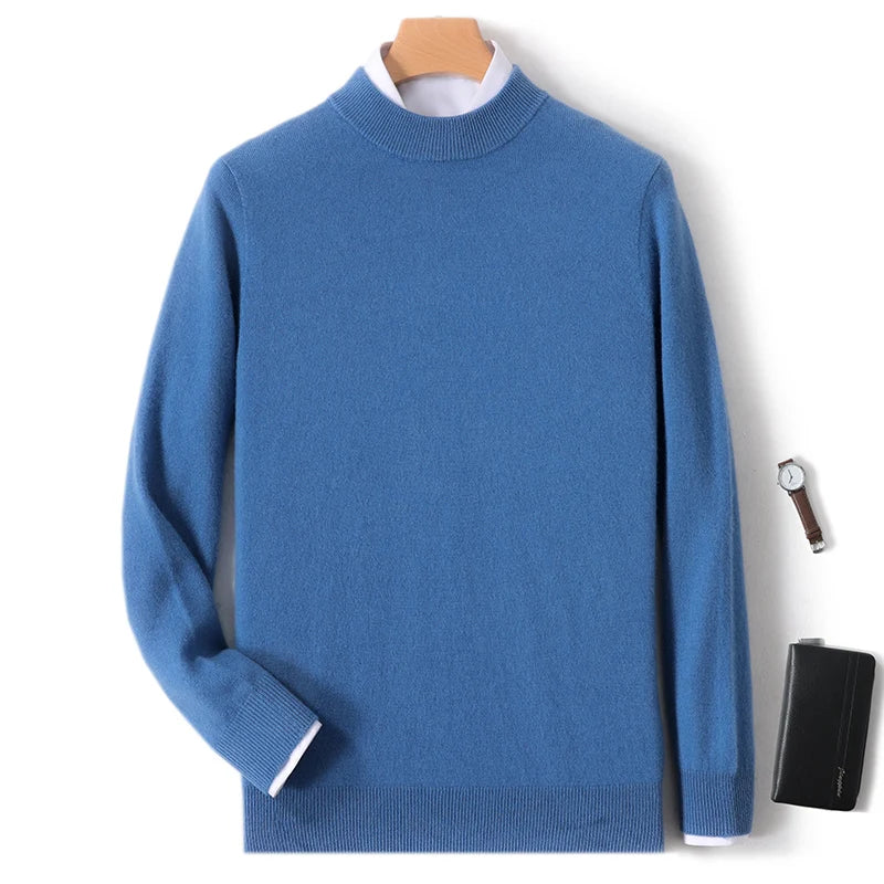 100% Pure Merino Wool Men's Semi High Neck Pullover Solid Color Plus Size Casual Sweater Autumn And Winter Sports Cashmere Top