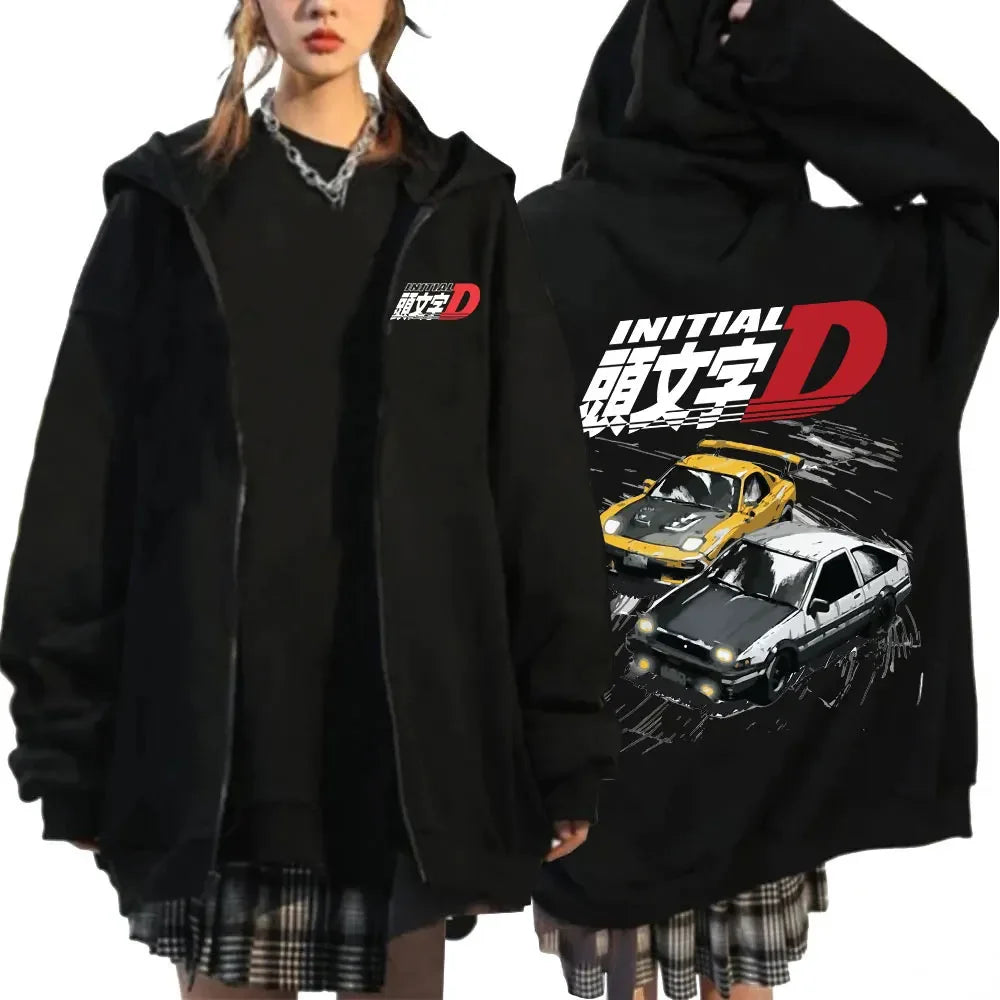 Anime Initial D Drift AE86 Zipper Hoodie Casual Vintage Zip Up Hooded Sweatshirts JDM Car Oversized Hoodies Cardigan Jacket Coat