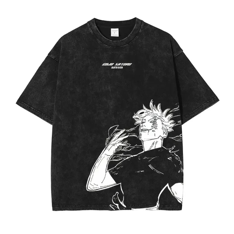 Anime Jujutsu Kaisen Gojo Satoru T Shirt Men Vintage Washed Black Tees Casual Streetwear Oversized Cotton Short Sleeve T-shirts