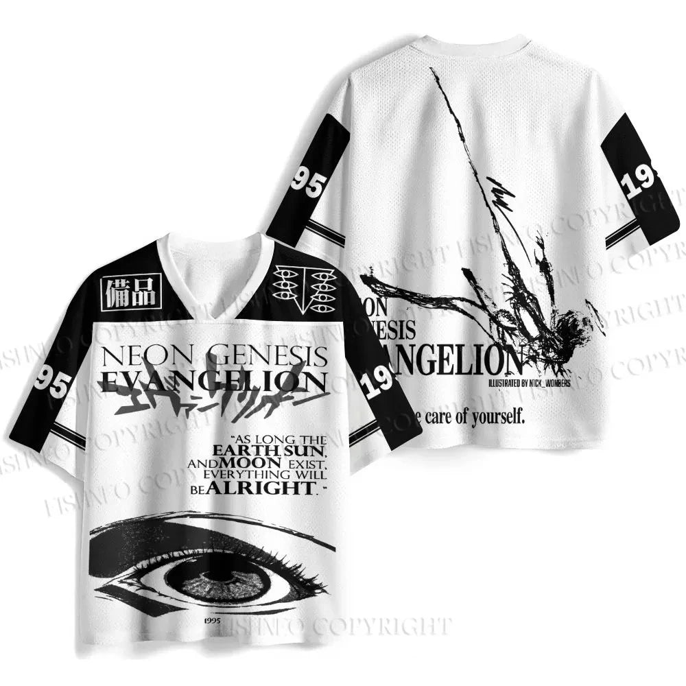 New Summer Anime Evangelion Rei Ayanami The Last Angel Print Jersey T-shirt Men Oversized Streetwear V-Neck Casual Tops