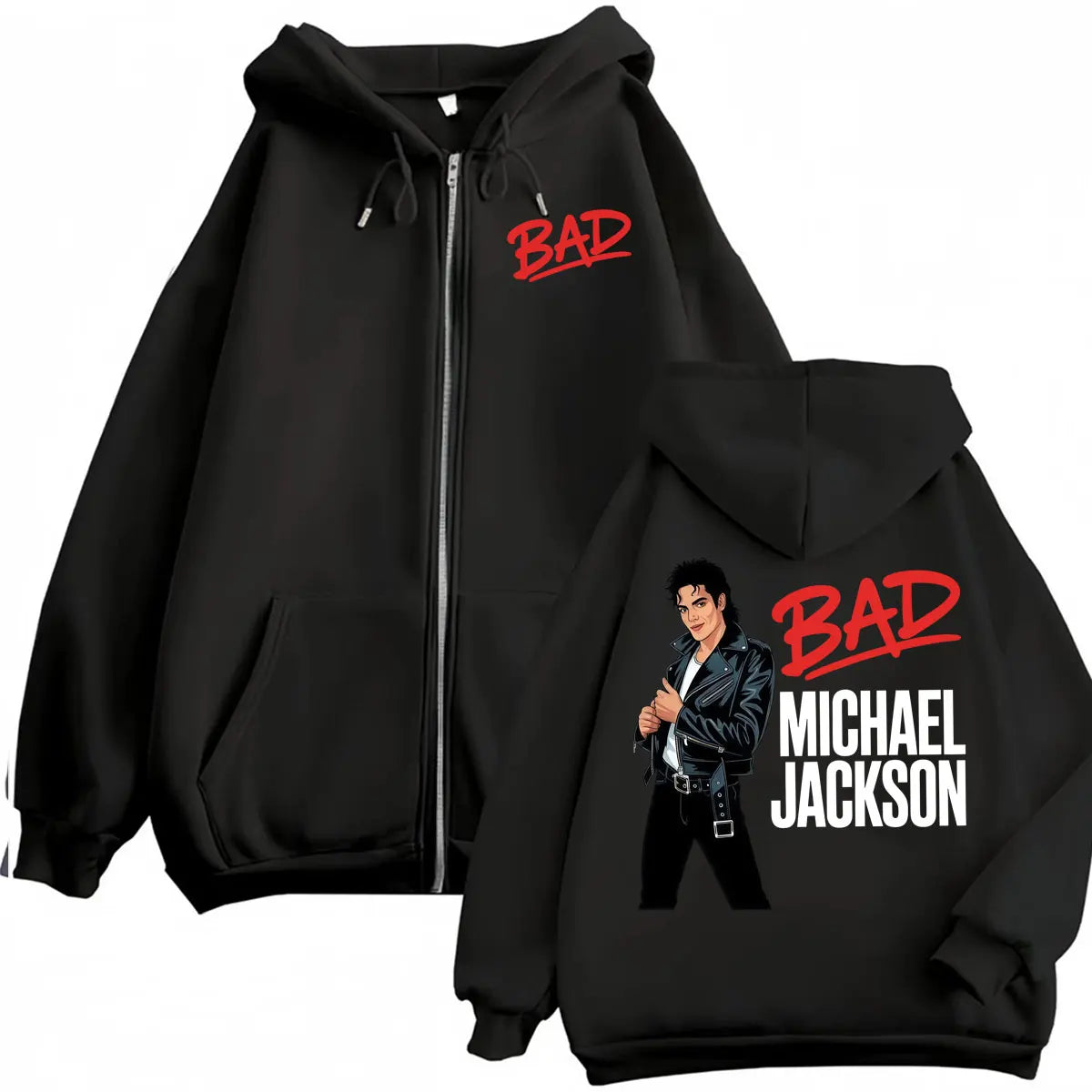 King of Pop Michael Jackson Bad Era Zipper Hoodie Men Women Harajuku Streetwear Jacket Sweatshirt Fleece Casual Zip Up Pullovers