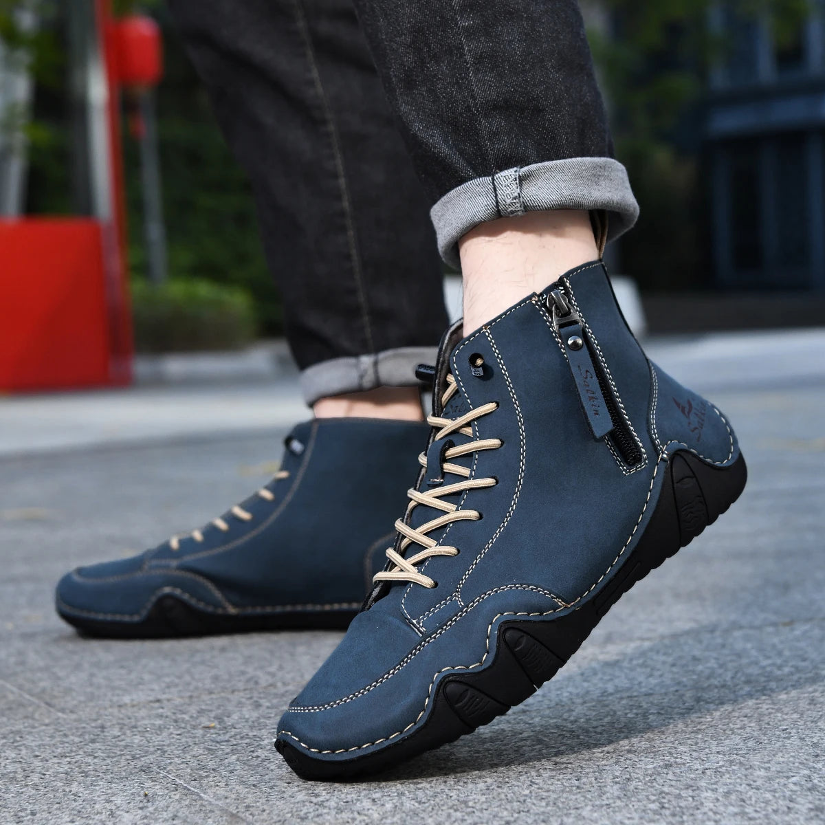 Men's Hand-Stitched Vintage Boots, Fashionable Solid Color Side Zipper High-Top Casual Shoes, Spring and Autumn Everyday Wear, Bare Boots, Outdoor Hiking Sneakers