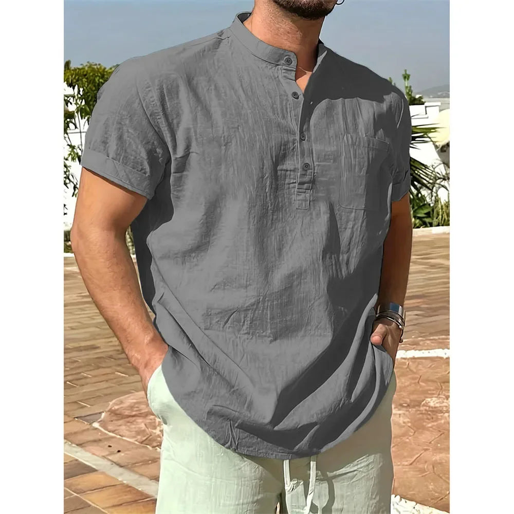 Summer Hot Sale Men's Cotton Linen T-shirt Henley Neck Casual Breathable Lightweight Solid Color Pocket Fashion Button Tops