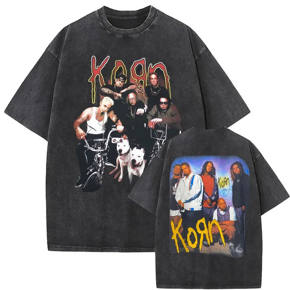 Rock Band Korn Ftl 25 Follow The Leader Double Sided Print T Shirt Men Gothic Casual Oversized Tees Unisex Washed Vintage Tshirt