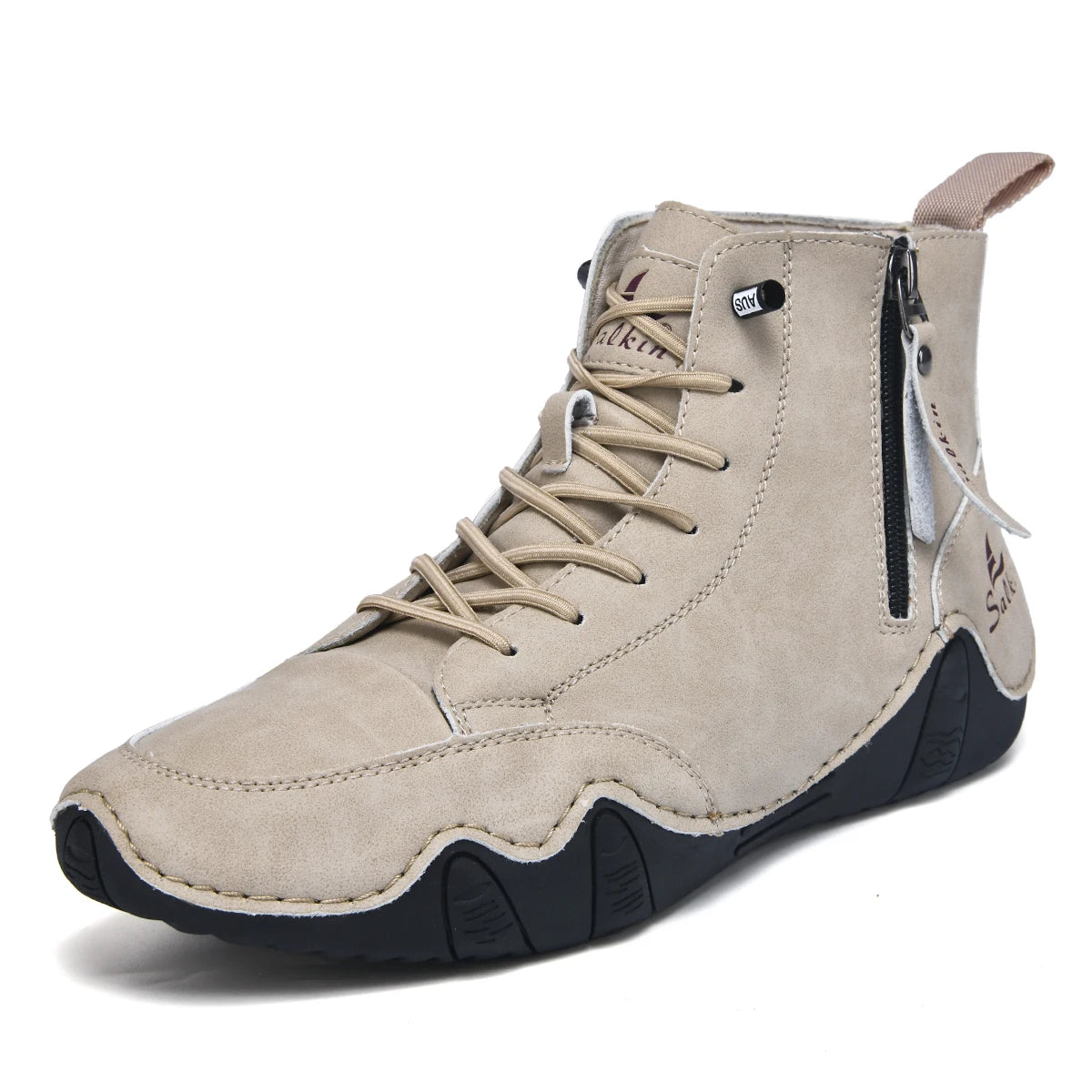 Men's Hand-Stitched Vintage Boots, Fashionable Solid Color Side Zipper High-Top Casual Shoes, Spring and Autumn Everyday Wear, Bare Boots, Outdoor Hiking Sneakers