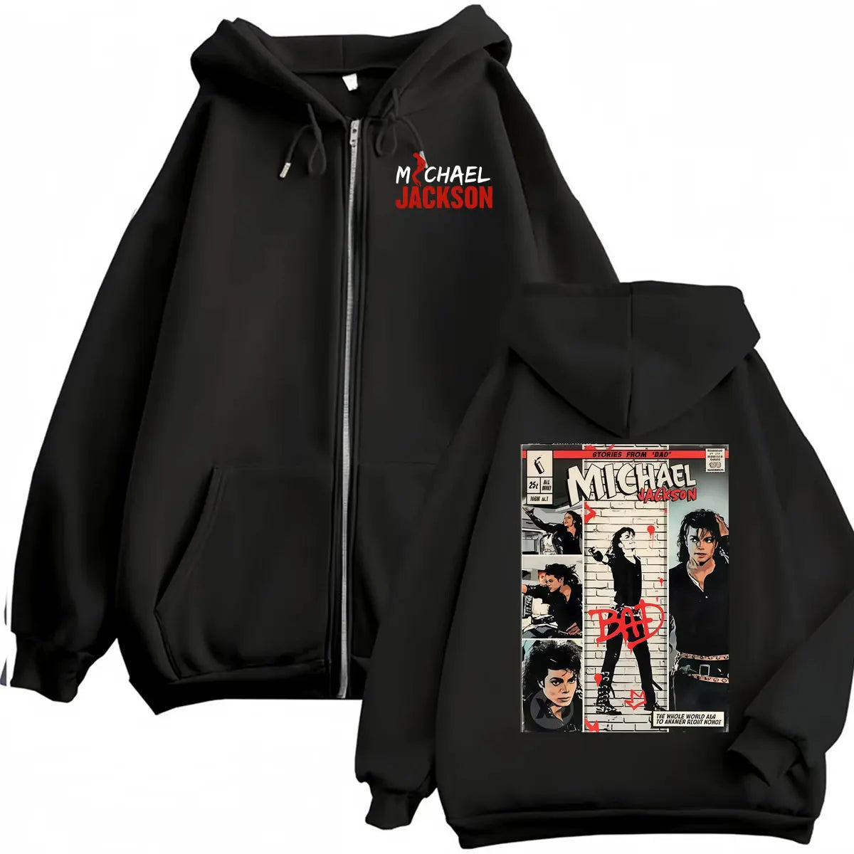 King of Pop Michael Jackson Bad Era Zipper Hoodie Men Women Harajuku Streetwear Jacket Sweatshirt Fleece Casual Zip Up Pullovers
