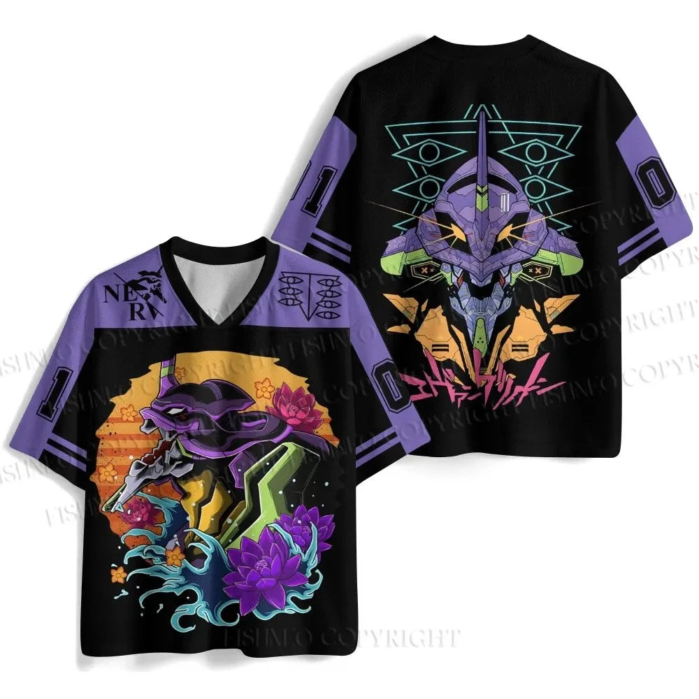 New Summer Anime Evangelion Rei Ayanami The Last Angel Print Jersey T-shirt Men Oversized Streetwear V-Neck Casual Tops