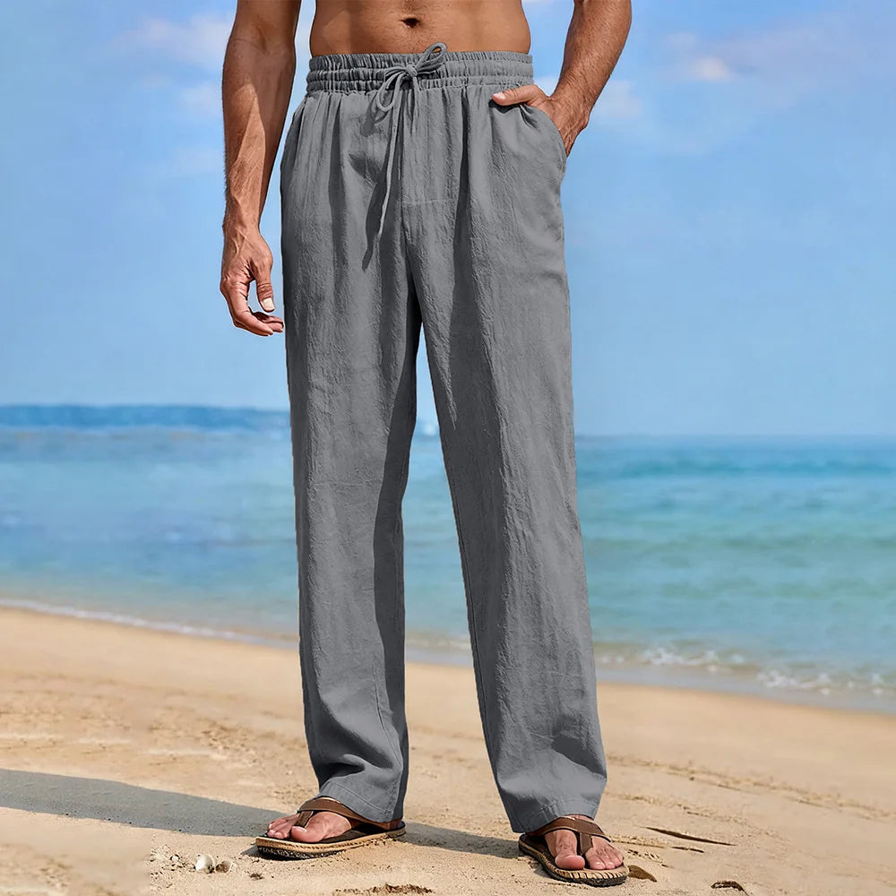 Men's Straight Leg Pants Cotton Linen Breathable Lightweight Solid Color Cozy Long Trousers Hawaiian Vacation Style Pants