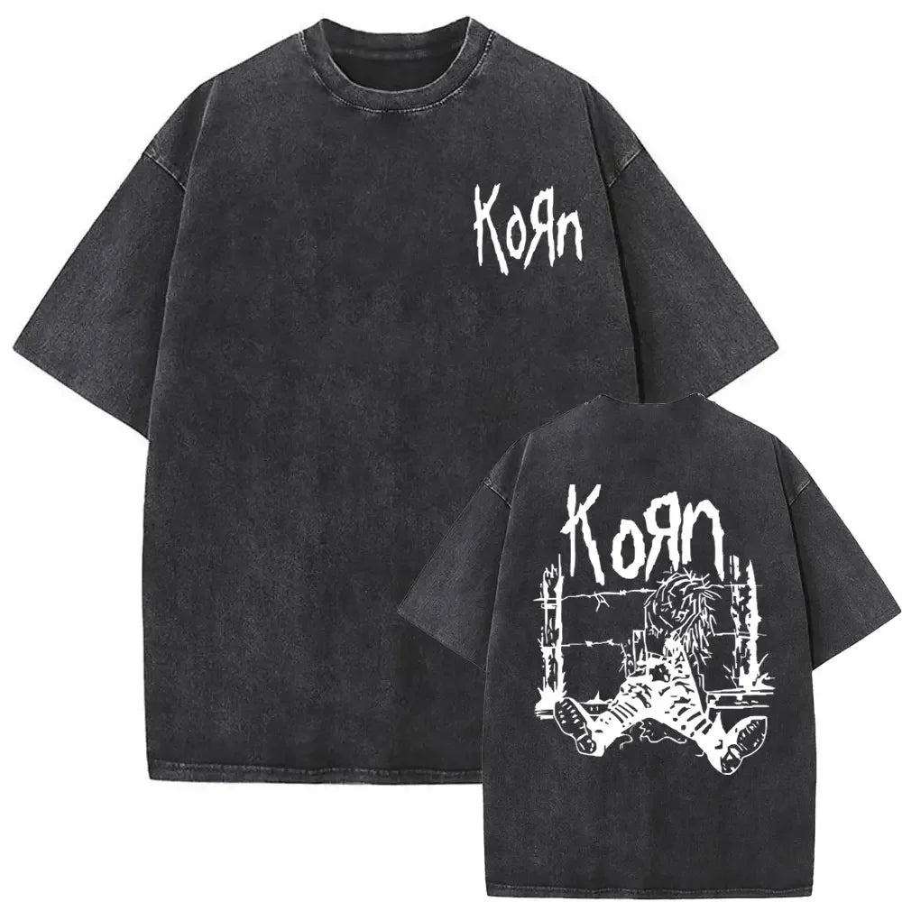 Rock Band Korn Ftl 25 Follow The Leader Double Sided Print T Shirt Men Gothic Casual Oversized Tees Unisex Washed Vintage Tshirt