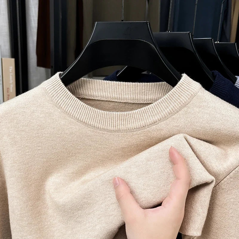 Soft Knit Men Crew Neck Long‑Sleeve Sweater Solid‑Color Plain Pullover Casual Business Basic Knitwear for Men