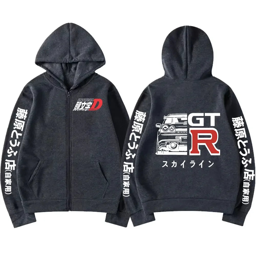 Anime Initial D Drift AE86 Zipper Hoodie Casual Vintage Zip Up Hooded Sweatshirts JDM Car Oversized Hoodies Cardigan Jacket Coat