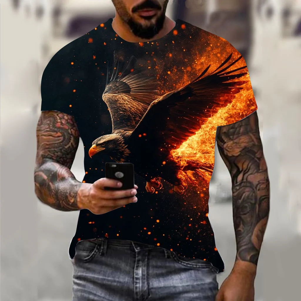 Harajuku Men's T-shirt Hip Hop Trend Street Casual Round Neck Short Sleeve Loose Top Fun 3D Animal Eagle Print T-shirt