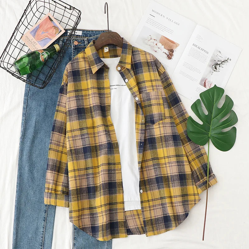 Brand Casual Women's Flannel Plaid Shirt 2025 Autumn New Boutique Ladies Loose Blouse and Tops Female Long Sleeve Shirts Clothes