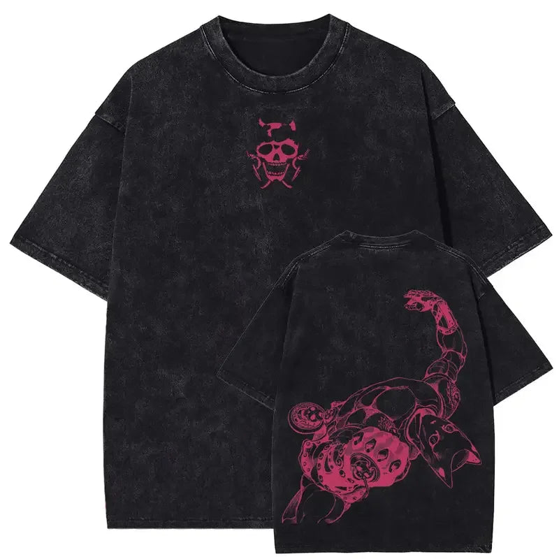 Kira Yoshikage Killer Queen Graphic T-shirt Anime JoJo's Bizarre Adventure Cotton T Shirt Men Retro Washed Tshirts Harajuku Tops