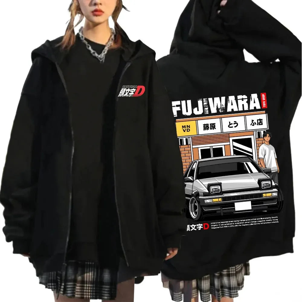 Anime Initial D Drift AE86 Zipper Hoodie Casual Vintage Zip Up Hooded Sweatshirts JDM Car Oversized Hoodies Cardigan Jacket Coat