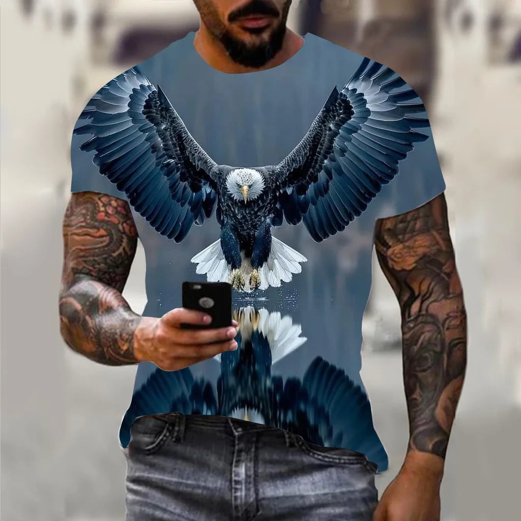 Harajuku Men's T-shirt Hip Hop Trend Street Casual Round Neck Short Sleeve Loose Top Fun 3D Animal Eagle Print T-shirt