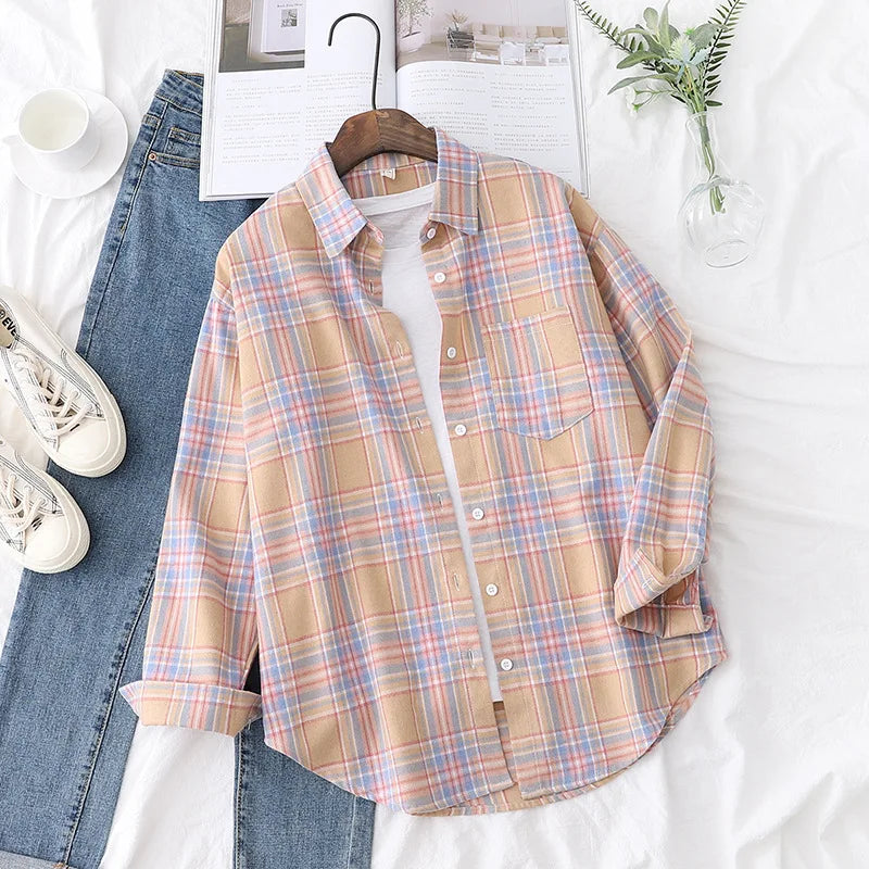 Brand Casual Women's Flannel Plaid Shirt 2025 Autumn New Boutique Ladies Loose Blouse and Tops Female Long Sleeve Shirts Clothes