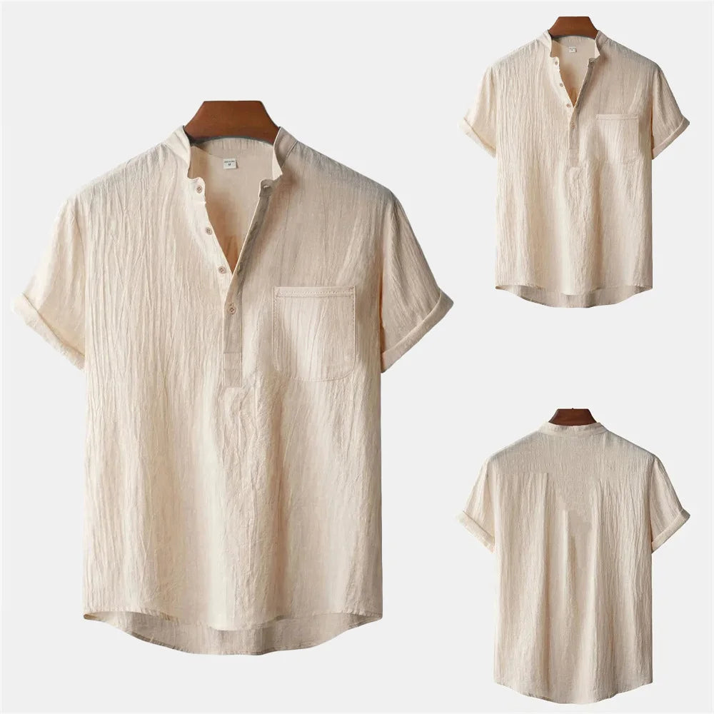 Men's Summer Cotton Linen T-shirt Beach Style Short SLeeve Henley Neck Vacation Hawaii Casual Lightweight Breathable Cozy Tops