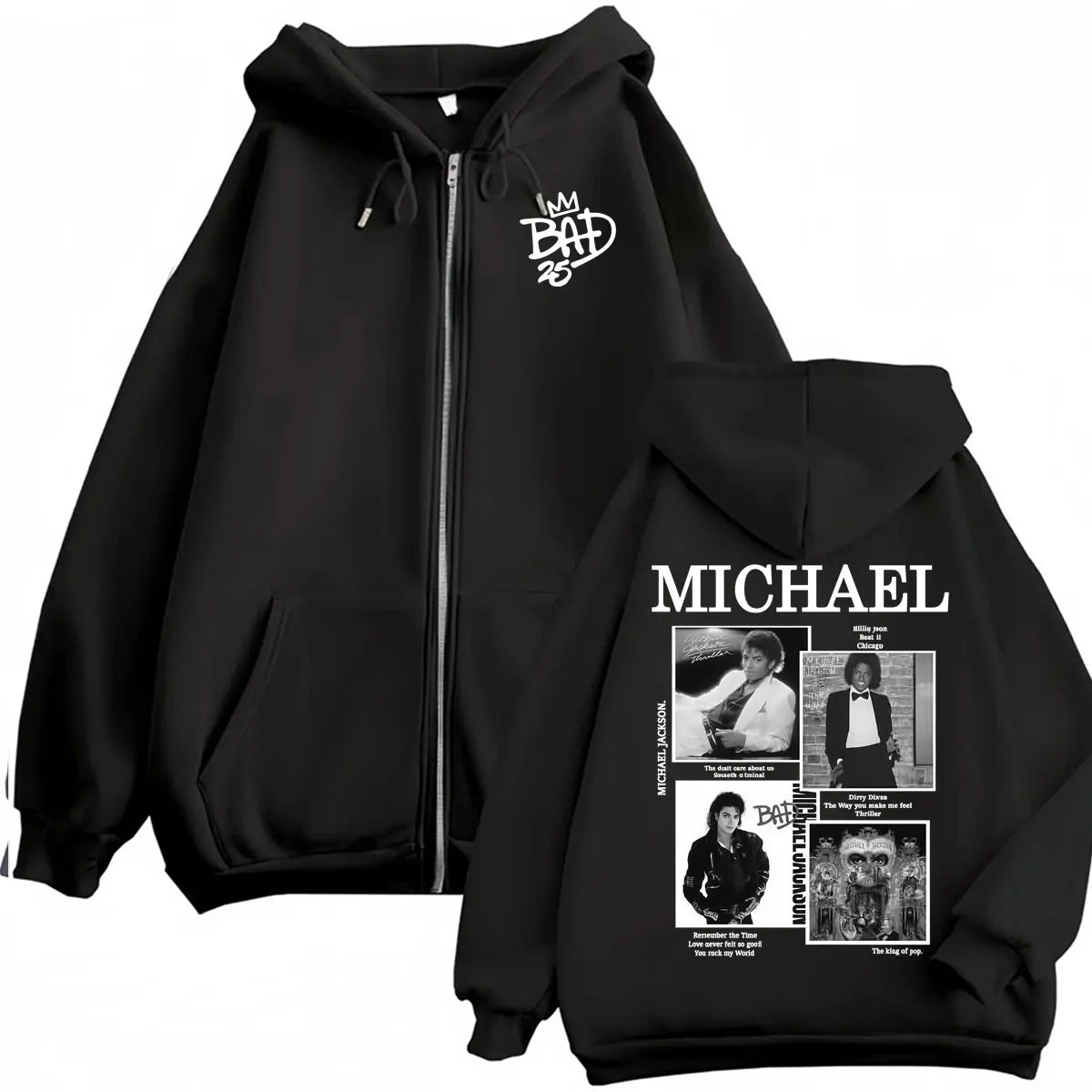 King of Pop Michael Jackson Bad Era Zipper Hoodie Men Women Harajuku Streetwear Jacket Sweatshirt Fleece Casual Zip Up Pullovers