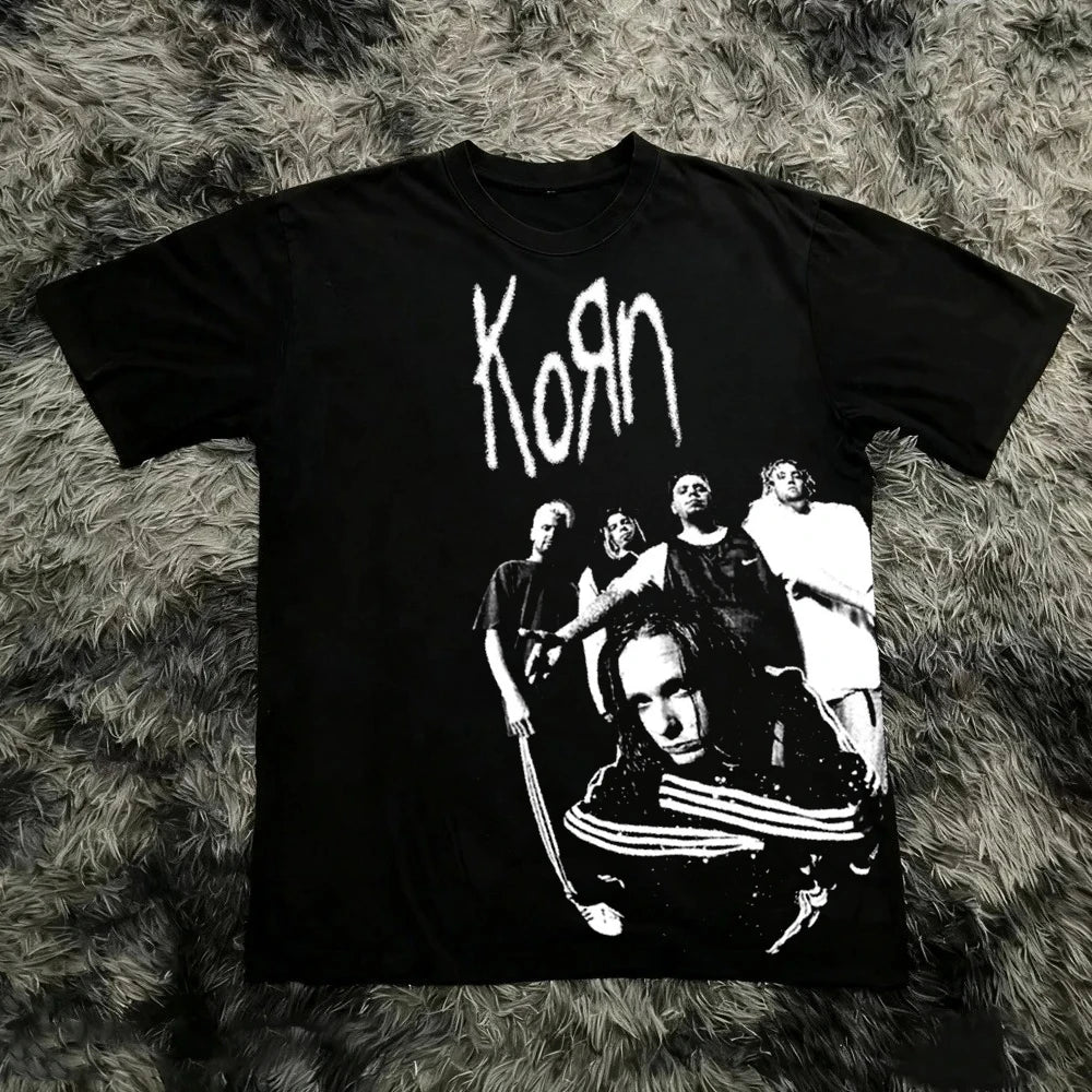 Korn Follow The Leader Cotton Printed T-Shirt Double-Sided Metal Band Tee Men's and Women's Oversize Couple Tee Tops