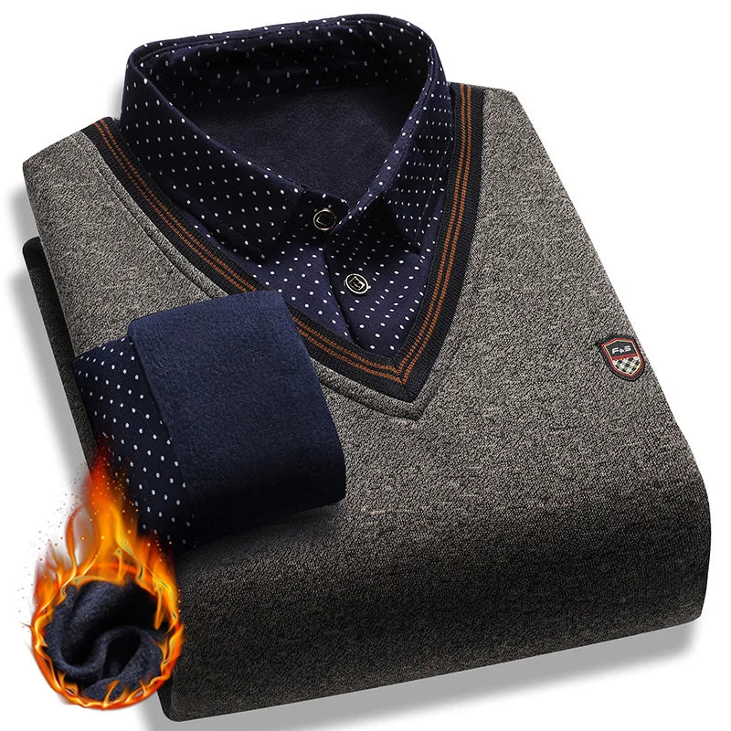 Vintage Plaid Sweater Pullover Men Thick Warm Knitwear Winter Autumn Clothing Patchwork Men's Fleeced Polo Collar Pullovers