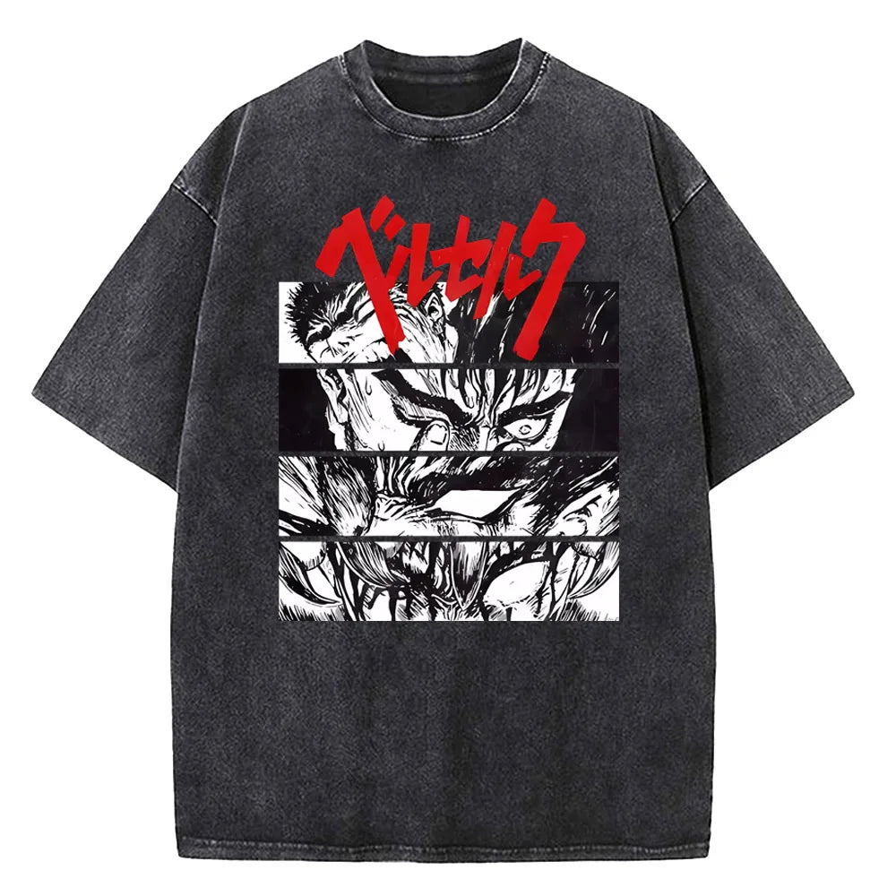 Berserk Print T Shirt Men Vintage Washed T-Shirt Anime Guts Graphic Tshirt Hip hop Streetwear Tees Casual Berserk Clothes