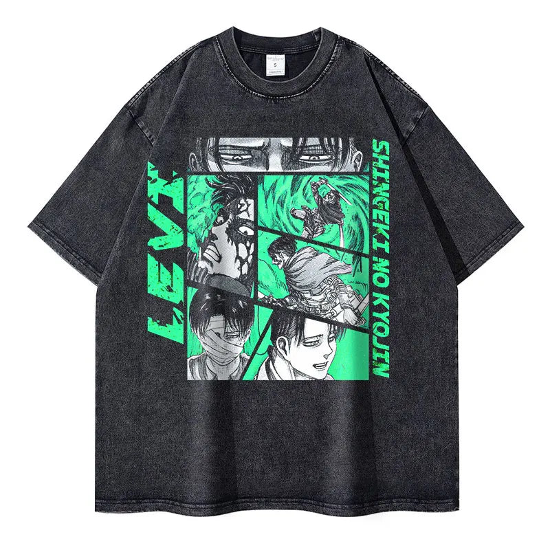 Eren Jaeger T-shirts Vintage Washed  Anime T-Titan A-Attack T Shirt Manga Shingeki no Kyojin Levi Mikasa Short Sleeve Tops Tees