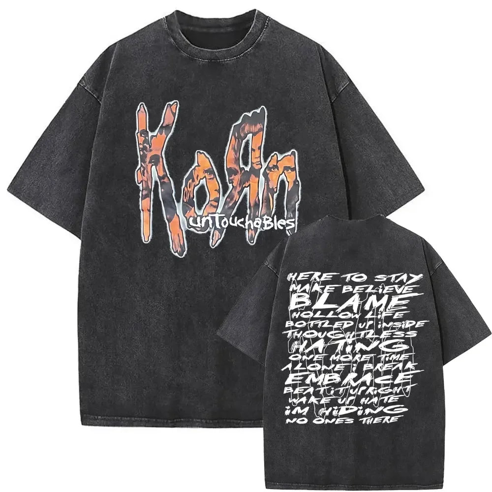 Rock Band Korn Ftl 25 Follow The Leader Double Sided Print T Shirt Men Gothic Casual Oversized Tees Unisex Washed Vintage Tshirt