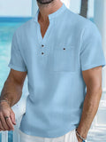 Men's Cotton Linen Short-Sleeve Shirt with Stand Collar & Half-Button Placket - Casual Outdoor Leisure Wear for Spring and Summe