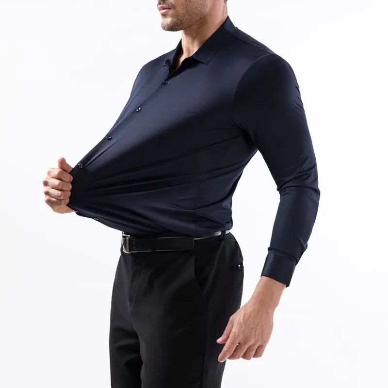 2025 High Elasticity Spandex Shirt Men Long Sleeve Spring Summer Slim Fit Casual Solid Color Social Formal Dress Shirts 100KG