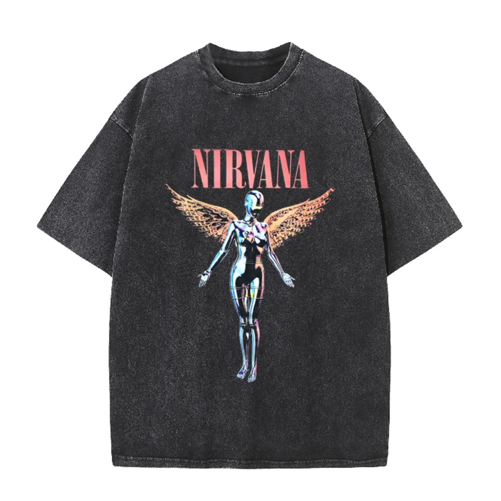 Nirvana Angel In Utero Print Vintage Washed T Shirt Rock Band Casual Top