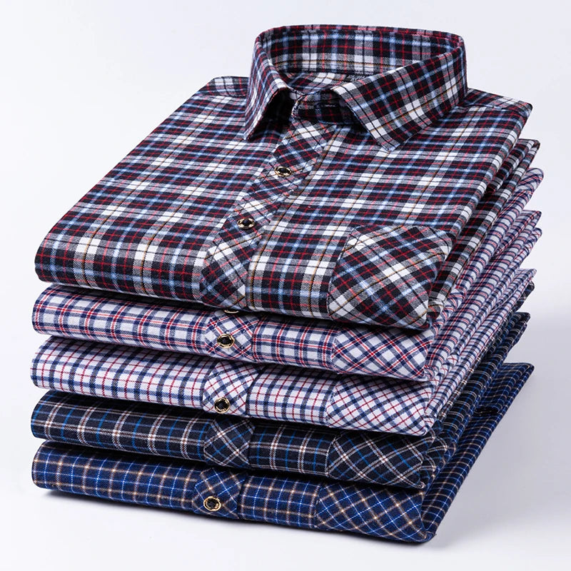 2024 New Men's Flannel Shirts Long Sleeve Cotton Soft Regular-fit Brushed Single Pocket Comfortable Casual Fashion Plaid Shirts