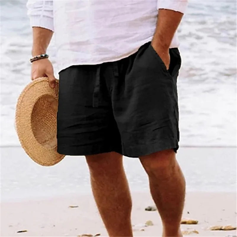Cotton Linen Men's Shorts Summer Loose Fit Straight Leg Casual Solid Color Beach Pants Trendy