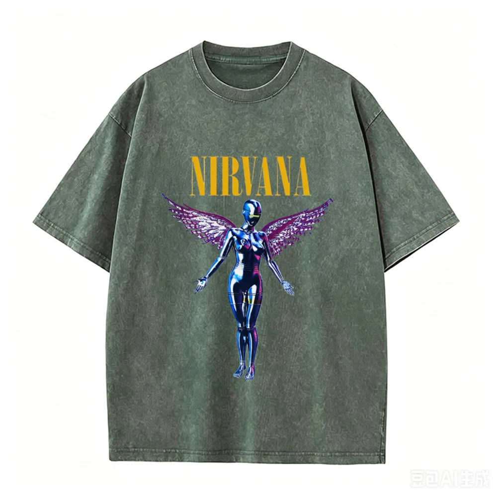 Nirvana Angel In Utero Print Vintage Washed T Shirt Rock Band Casual Top
