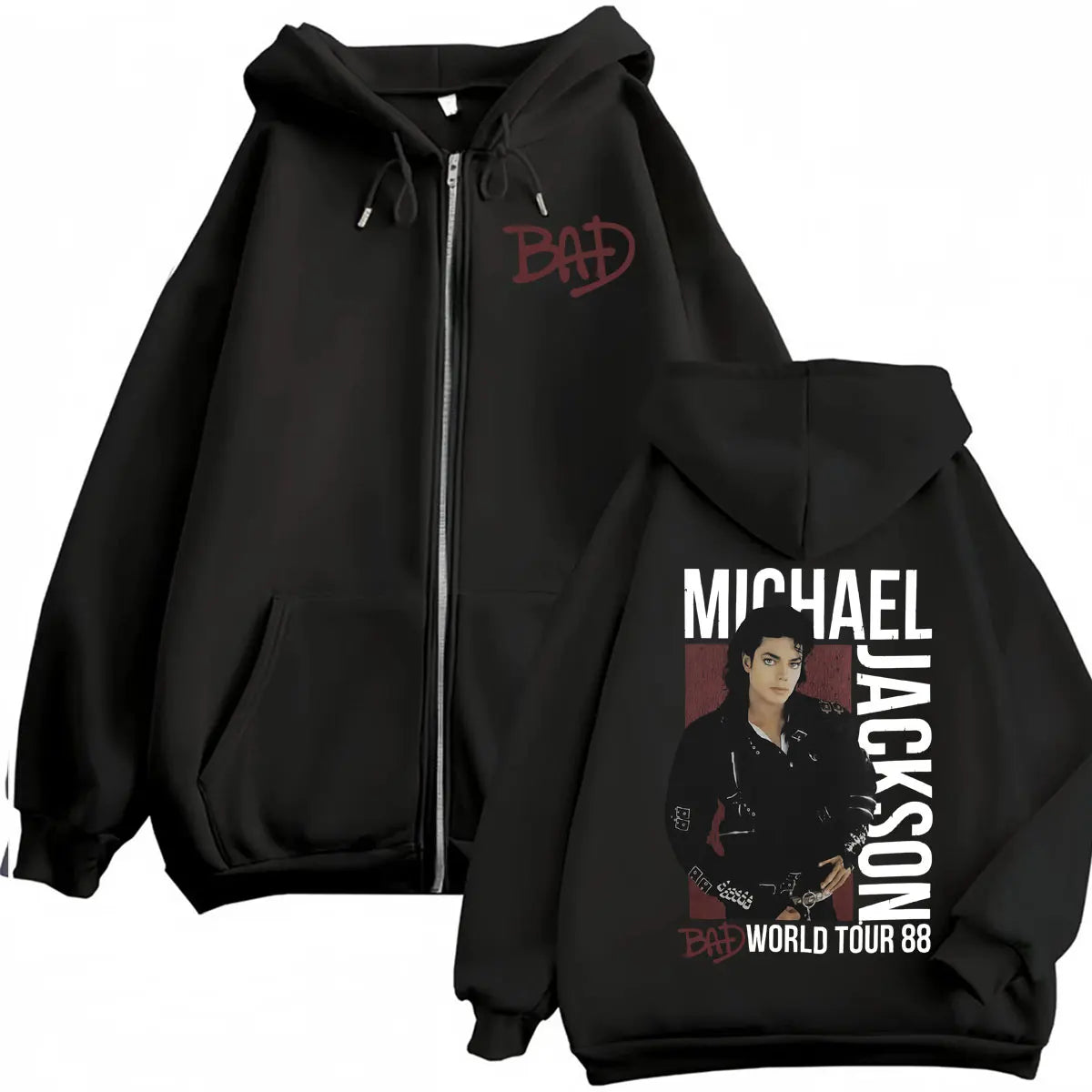 King of Pop Michael Jackson Bad Era Zipper Hoodie Men Women Harajuku Streetwear Jacket Sweatshirt Fleece Casual Zip Up Pullovers