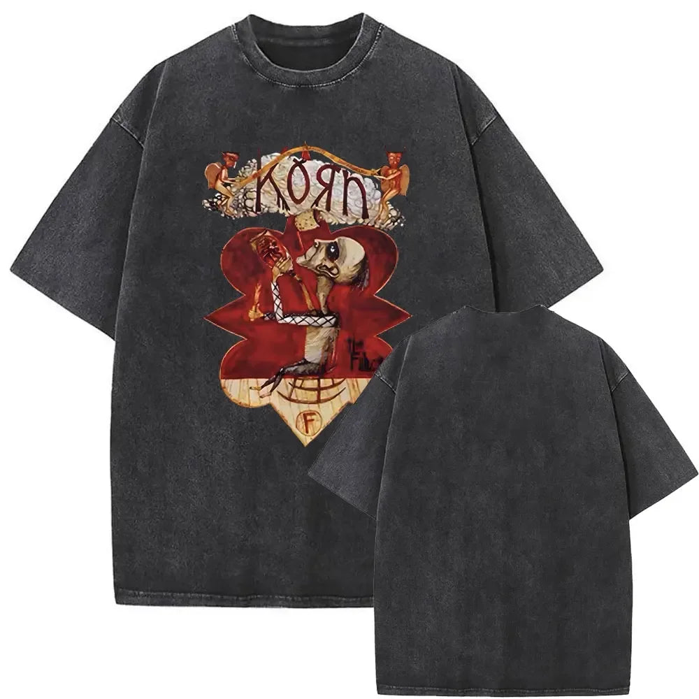 Rock Band Korn Ftl 25 Follow The Leader Double Sided Print T Shirt Men Gothic Casual Oversized Tees Unisex Washed Vintage Tshirt