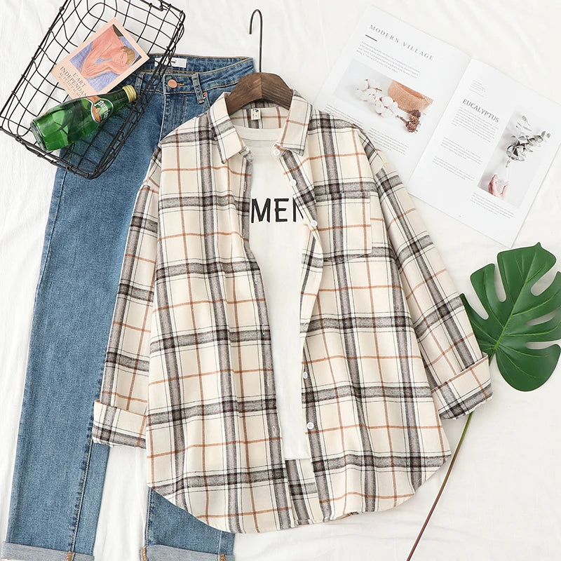 Brand Casual Women's Flannel Plaid Shirt 2025 Autumn New Boutique Ladies Loose Blouse and Tops Female Long Sleeve Shirts Clothes