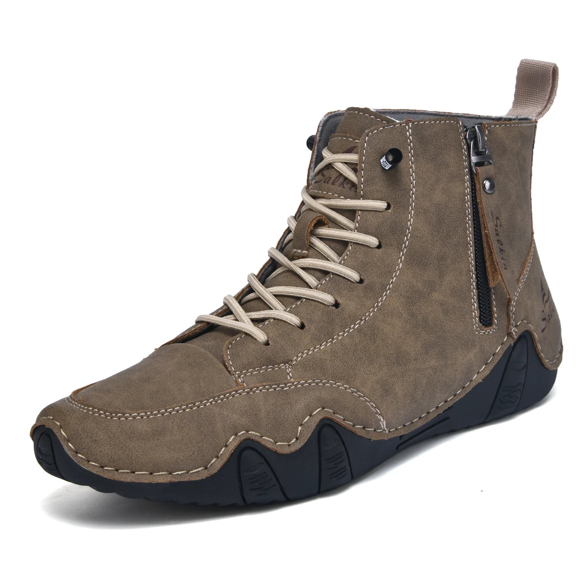 Men's Hand-Stitched Vintage Boots, Fashionable Solid Color Side Zipper High-Top Casual Shoes, Spring and Autumn Everyday Wear, Bare Boots, Outdoor Hiking Sneakers