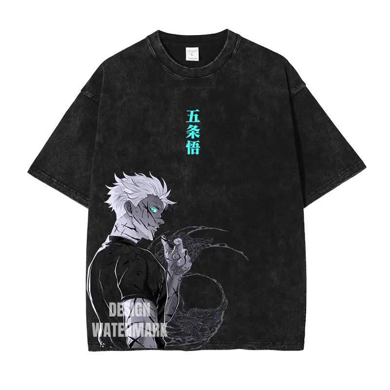 Gojo Satoru Graphic Tee Jujutsu Kaisen Anime Clothing Men Women Cotton T-shirts Retro Washed T Shirt Harajuku Male Manga Tshirt