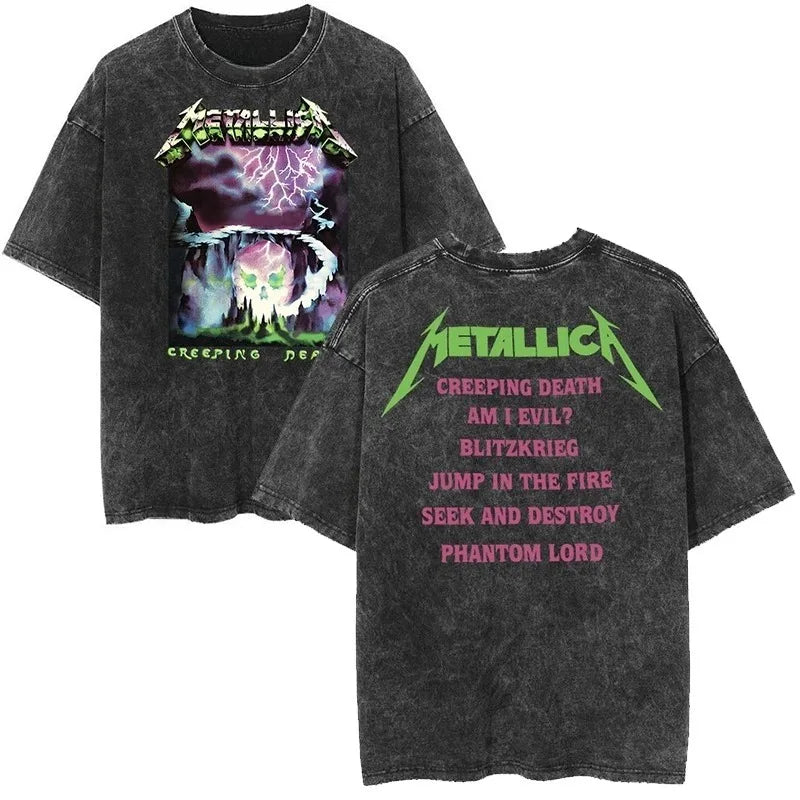 2026 and men women Classic washed T-shirt featuring the Metallica rock band Suitable for high-end luxurious outfits clothes