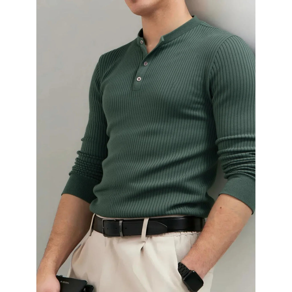 AIOPESON Button Placket Polo Shirt Men Ribbed Stripe Long Sleeve Contemporary Fit Minimalist Autumn Winter Premium Business Top