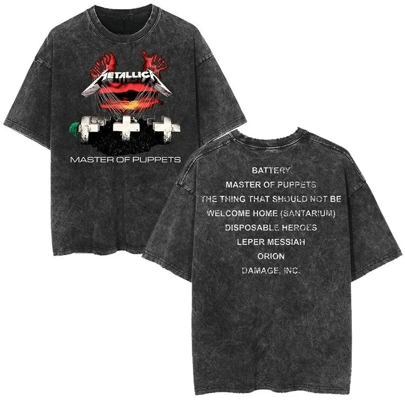 2026 and men women Classic washed T-shirt featuring the Metallica rock band Suitable for high-end luxurious outfits clothes