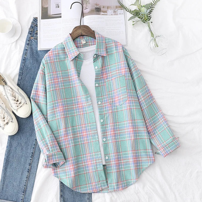 Brand Casual Women's Flannel Plaid Shirt 2025 Autumn New Boutique Ladies Loose Blouse and Tops Female Long Sleeve Shirts Clothes