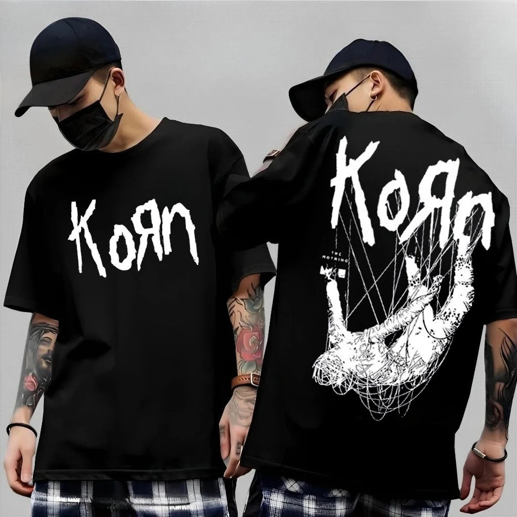 Korn Follow The Leader Cotton Printed T-Shirt Double-Sided Metal Band Tee Men's and Women's Oversize Couple Tee Tops
